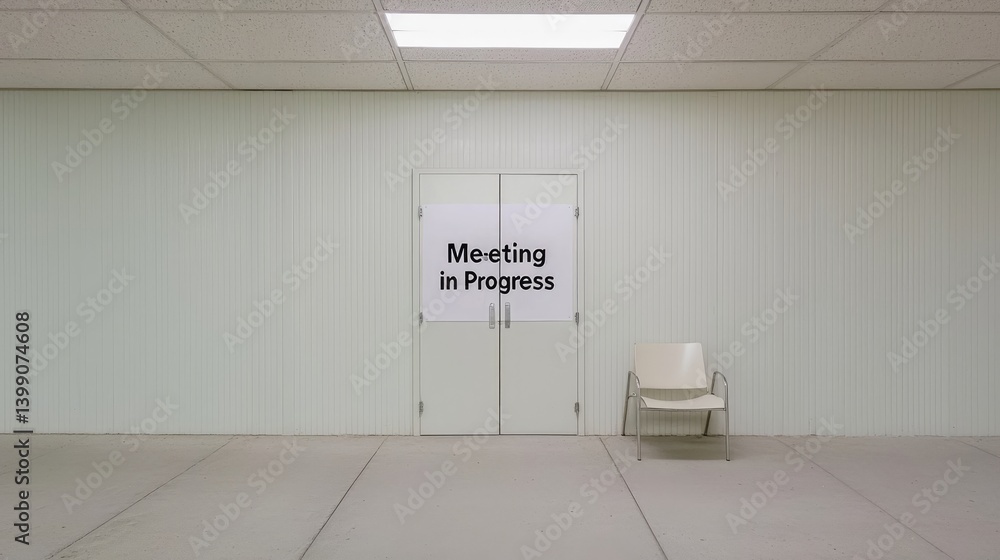 Empty corridor with a meeting in progress sign