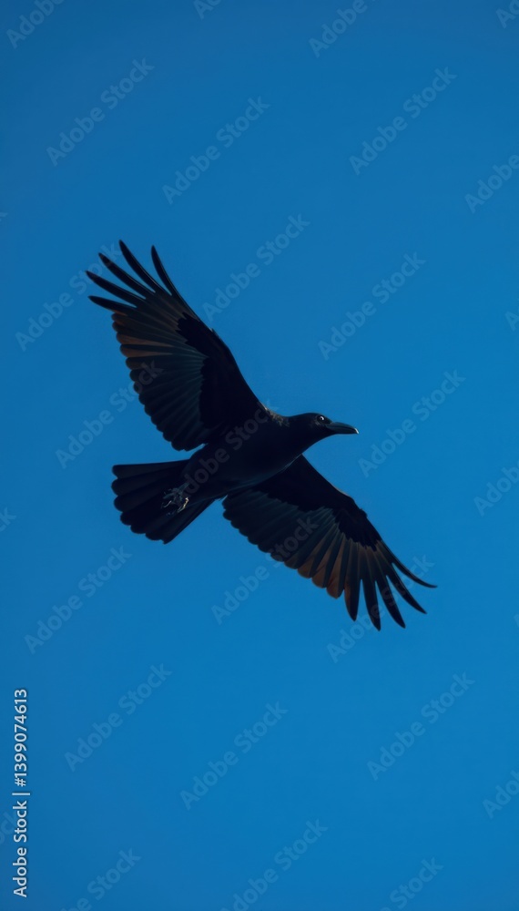 Fototapeta premium Flying crow against a stark blue background, nature scene, blue sky