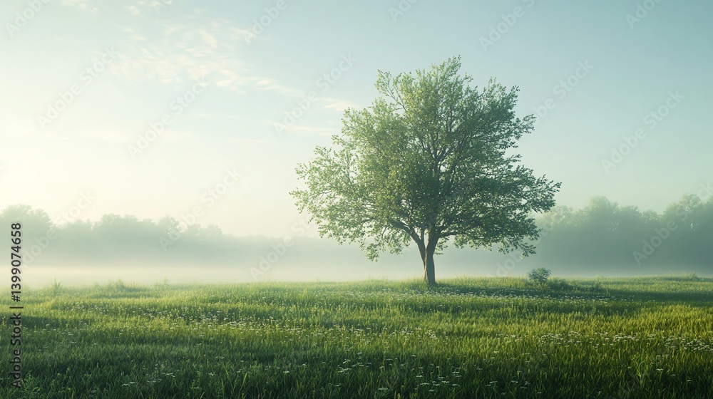 Obraz premium A tree standing in a green meadow with plants and clear air, affected by surrounding air pollution and climate change, AIgenerated environmental art