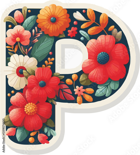 Doodle flower letter P. Floral element of colorful alphabet made from flowers