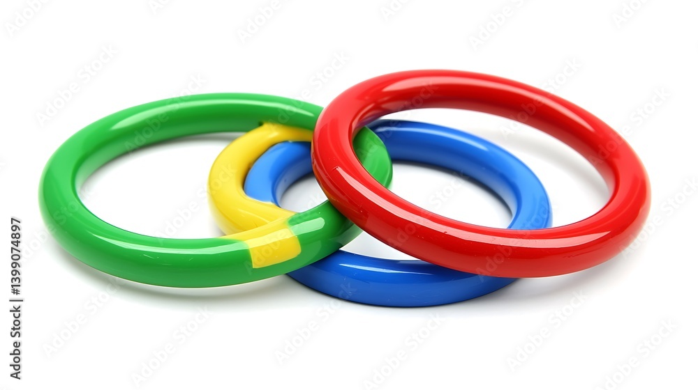 Naklejka premium Colorful Plastic Rings in Green, Blue, Yellow, and Red for Playtime Fun and Games