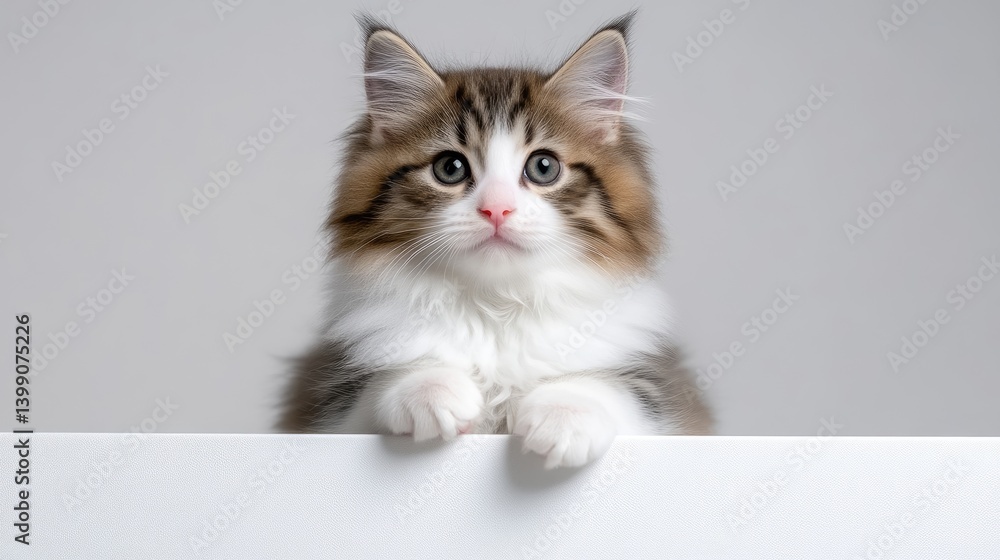Adorable kitten peering over white surface