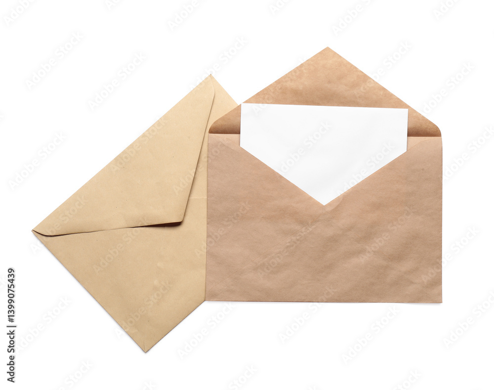 Envelopes isolated with card on white, top view. Mockup for design