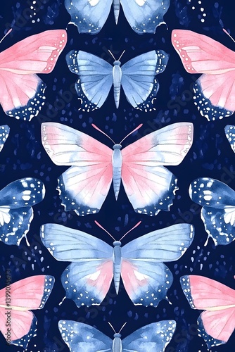 Watercolor Pink Blue Butterflies Seamless Pattern