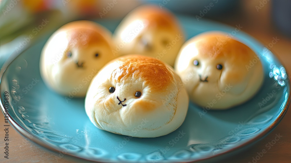 Cute and fluffy bunny buns with tiny dough ears, served on a blue plate, a perfect Easter baking project for kids. Cute and fluffy bunny buns with tiny dough ears, served on a blue plate, a perfect Easter baking project for kids.