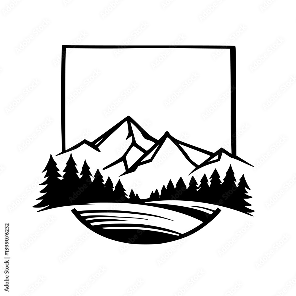 Fototapeta premium Monochrome Mountain Landscape Emblem, Hand-Drawn Style, for Outdoors, Nature, and Travel