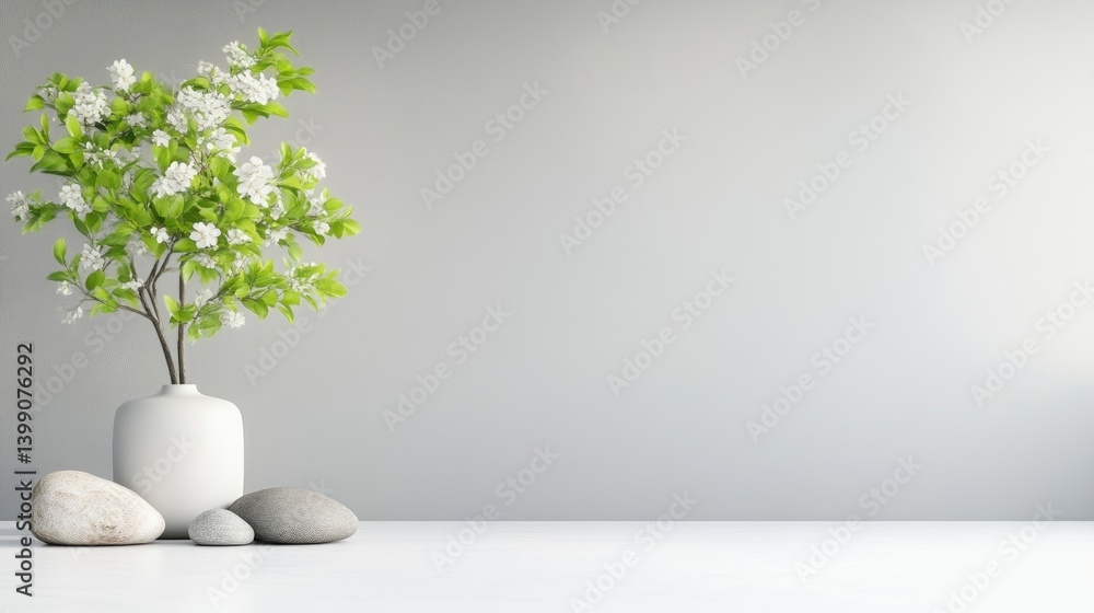 Simple, minimalist, home decor. A small, white vase holds a flowering plant with pale white blossoms and fresh green leaves on a white surface with gray stones