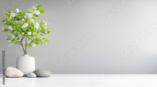 Obraz na płótnie Simple, minimalist, home decor. A small, white vase holds a flowering plant with pale white blossoms and fresh green leaves on a white surface with gray stones w salonie