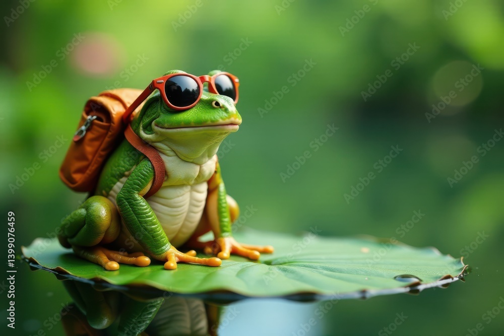 Naklejka premium Frog sitting on a lily pad with sunglasses and a backpack, sunglasses, summer vibes