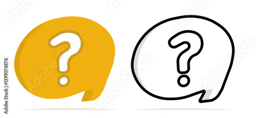 Yellow filled speech bubble containing a question mark.  Outline version of speech bubble with a question mark inside rendered in black and white line art