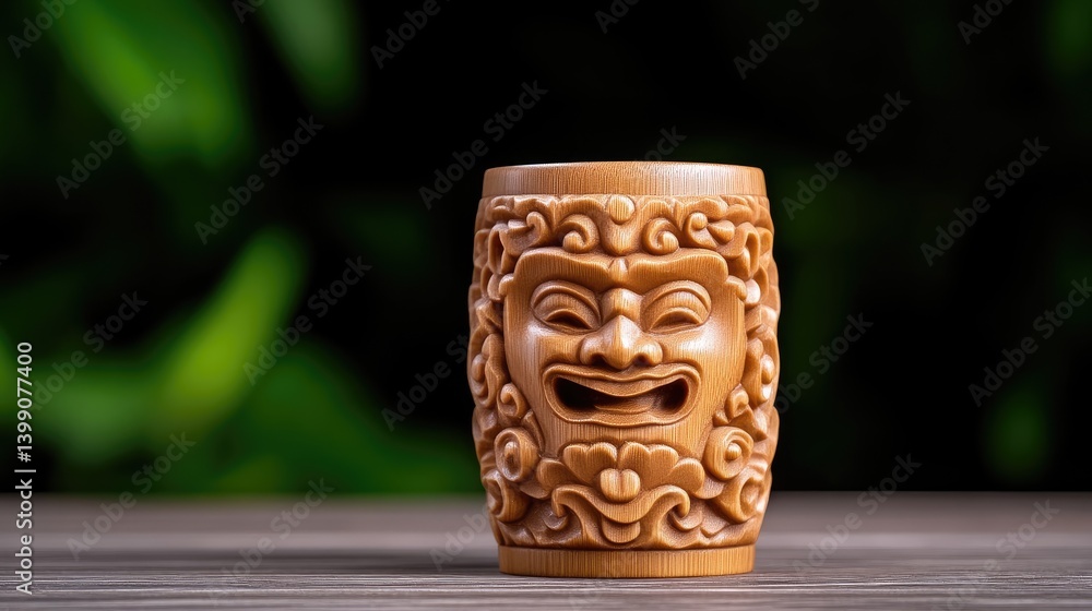 Carved wooden cup with jovial face