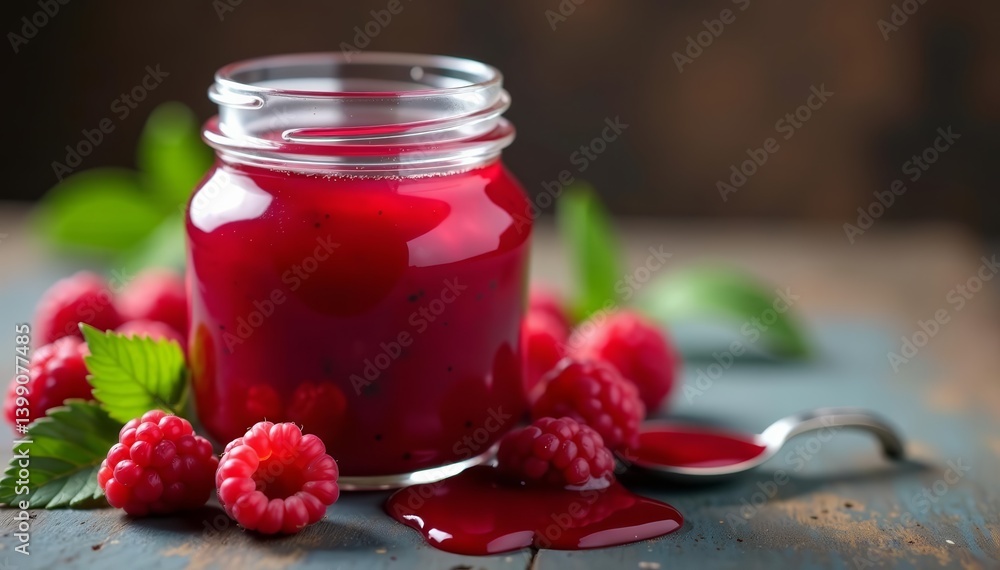 A rustic styled composition of a jar of raspberry jam surrounded by fresh raspberries, fruit, preserves, condiment A rustic styled composition of a jar of raspberry jam surrounded by fresh raspberries, fruit, preserves, condiment