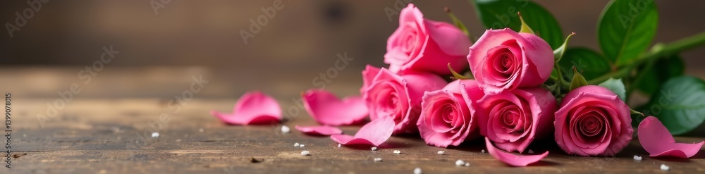 Fototapeta premium Beautiful arrangement of pink roses on a wooden table for Valentine's Day, romantic, background, flowers