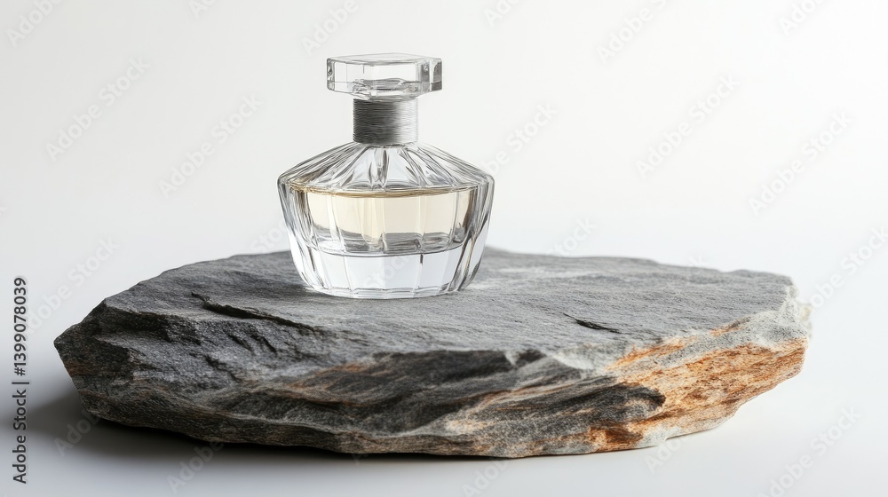 Elegant glass perfume bottle with minimalist design, placed on a rough stone slab, soft light reflections, luxury beauty aesthetic on white background