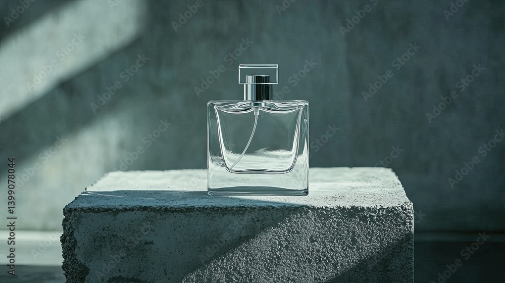 Elegant fragrance bottle with transparent glass, placed on industrial concrete slab, subtle light reflections, minimalist beauty composition