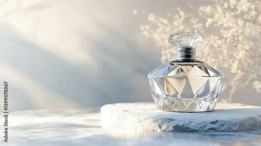 Elegant luxury perfume bottle with a smooth glass surface, sitting on textured white stone, sophisticated modern beauty concept
