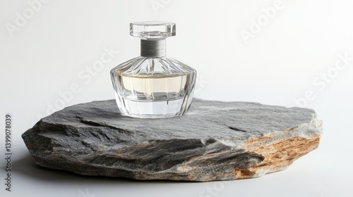 Obraz na płótnie Elegant glass perfume bottle with minimalist design, placed on a rough stone slab, soft light reflections, luxury beauty aesthetic on white background w salonie