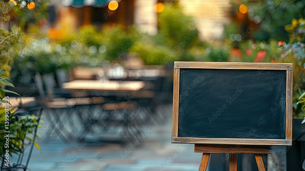 Empty chalkboard-style sign in front of a blurred cafe garden, perfect for menus or welcome notes