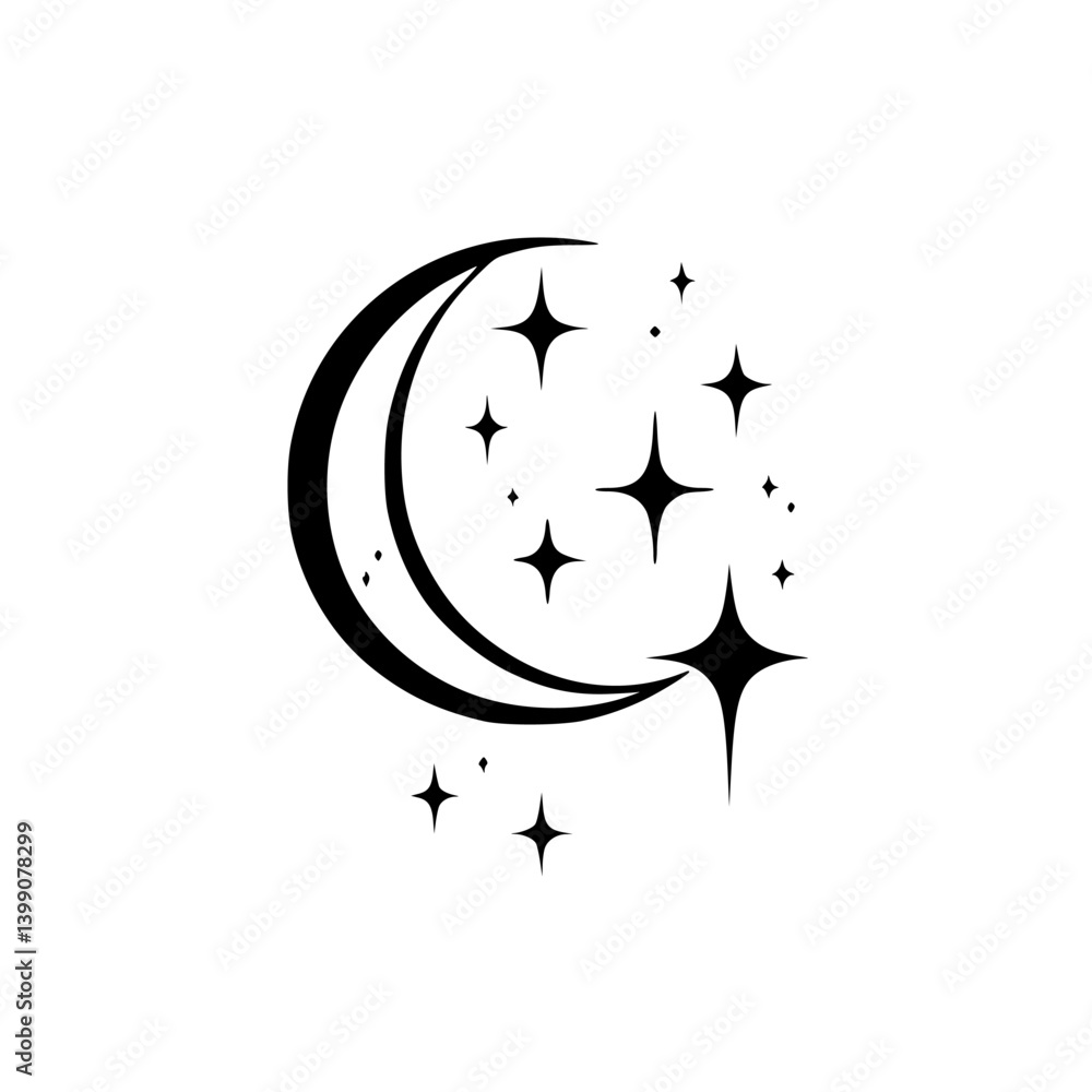 Elegant Crescent Moon & Stars Minimalist Illustration, Black & White, Celestial Design Elegant Crescent Moon & Stars Minimalist Illustration, Black & White, Celestial Design