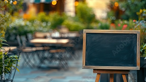 Obraz na płótnie Empty chalkboard-style sign in front of a blurred cafe garden, perfect for menus or welcome notes w salonie