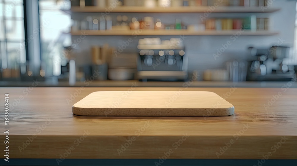 Empty wooden board in front of cafe counter with soft-focus interior and morning light