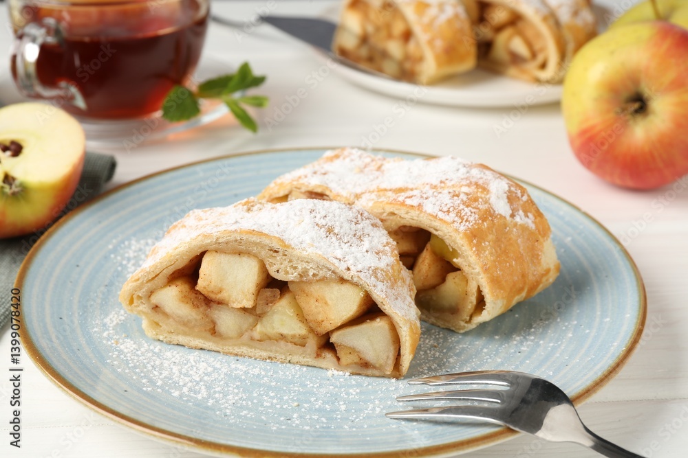 Pieces of tasty apple strudel with powdered sugar and fork on white wooden table, closeup Pieces of tasty apple strudel with powdered sugar and fork on white wooden table, closeup