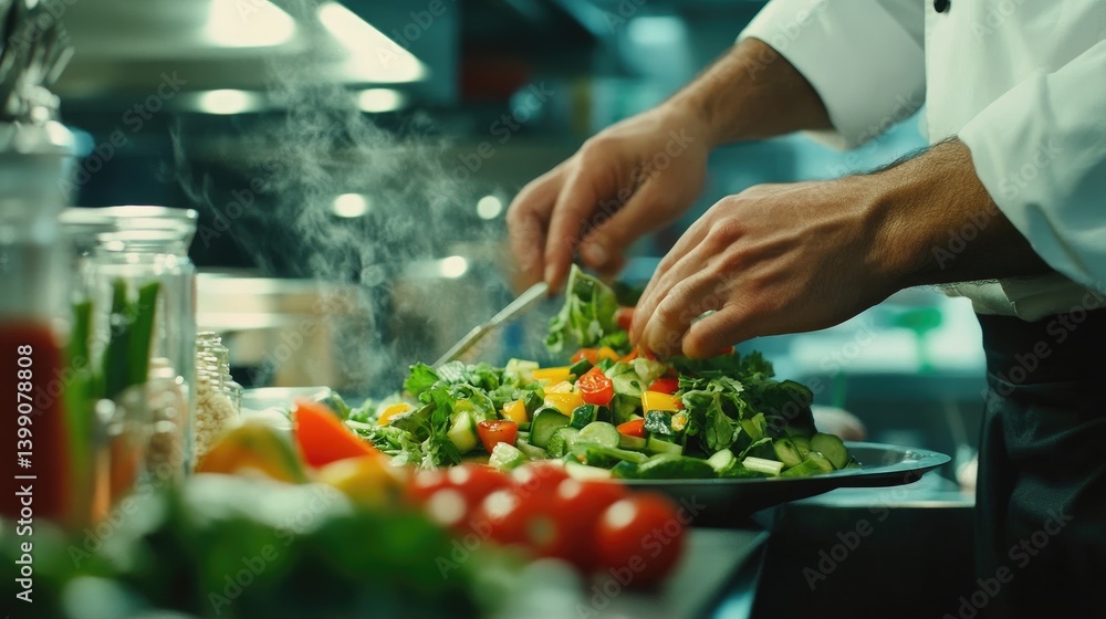 Chef Preparing a Vibrant Salad in a Professional Kitchen Chef Preparing a Vibrant Salad in a Professional Kitchen
