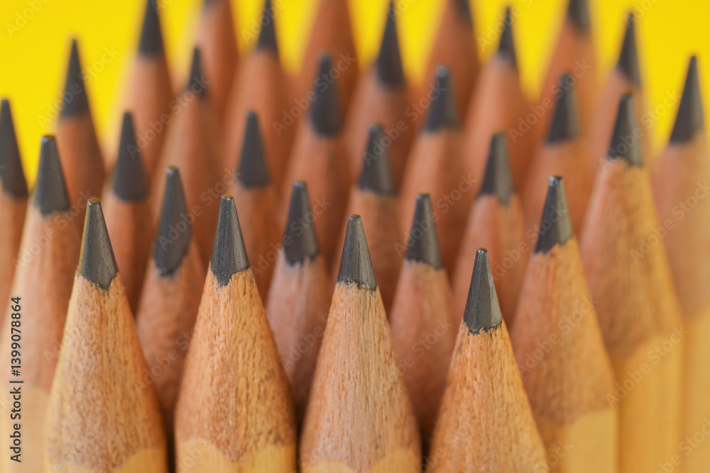 Many graphite pencils on yellow background, closeup Many graphite pencils on yellow background, closeup