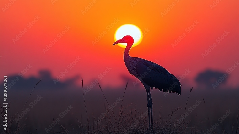 Fototapeta premium Silhouette of a Crane at Sunset in the African Savanna