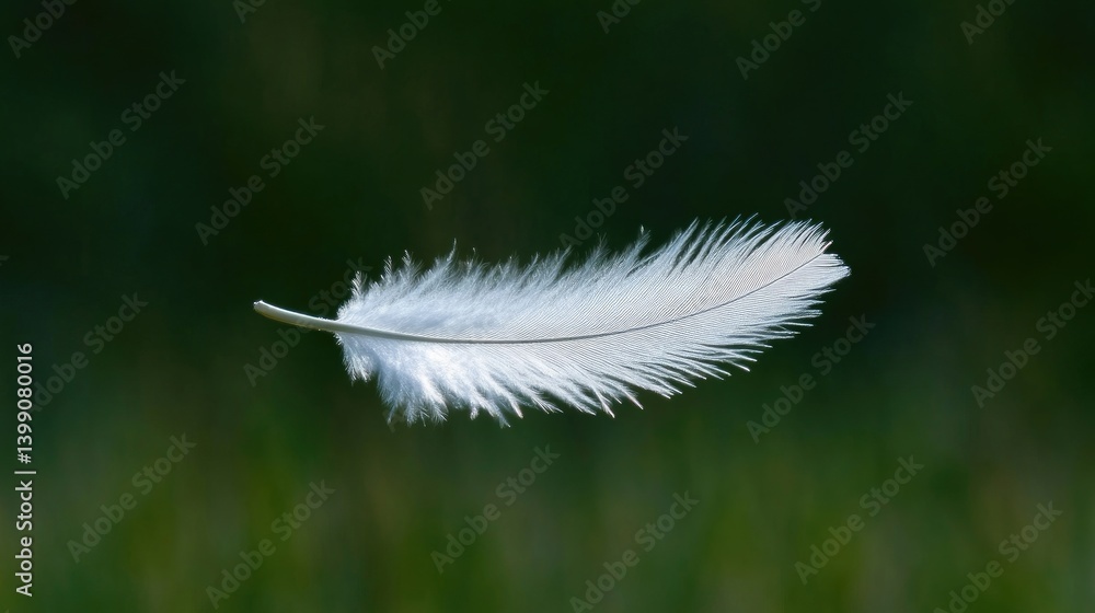 Obraz premium Delicate white feather in flight. A single, pristine white feather floats effortlessly against a dark green backdrop. The feather's soft texture and delicate structure are highlighted in the image