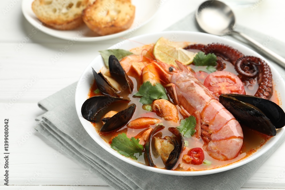 Delicious seafood soup served on white wooden table, closeup Delicious seafood soup served on white wooden table, closeup