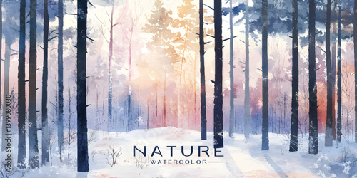 winter forest painted with watercolor, showcasing snow covered trees and a gentle sunrise.