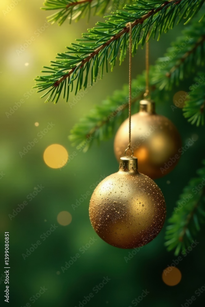 Golden ornaments suspended from a branch amidst greenery, seasonal accessories, winter wonderland Golden ornaments suspended from a branch amidst greenery, seasonal accessories, winter wonderland