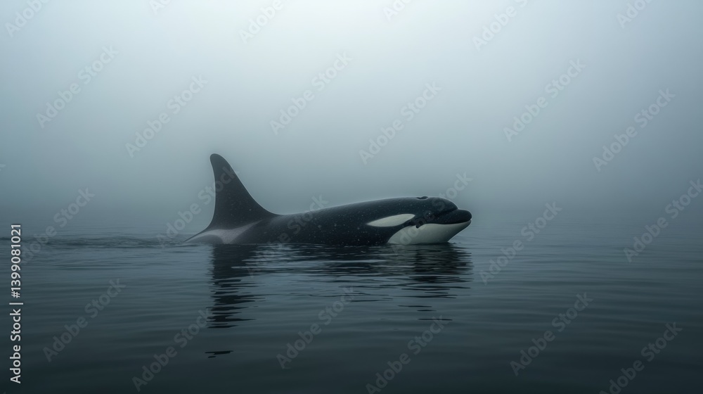 Naklejka premium Orca in the Misty Ocean: A Moment of Serenity