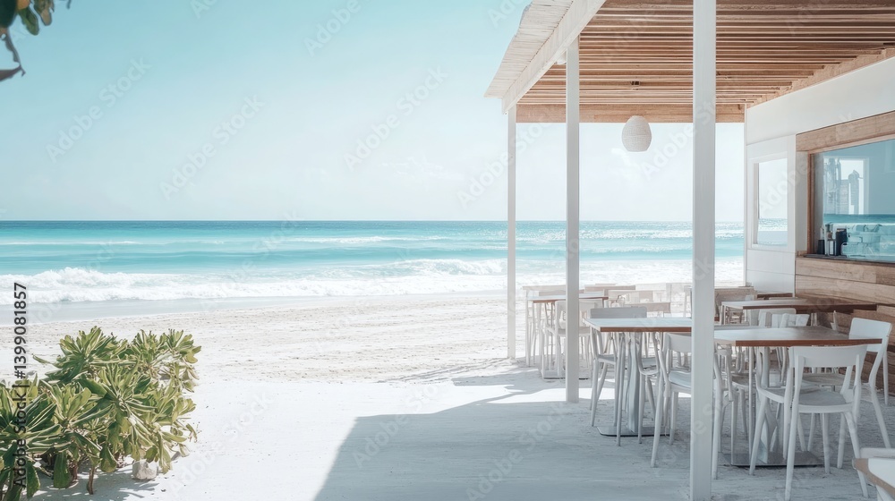 Fototapeta premium Beachfront Restaurant Serenity: White Sands and Azure Waters