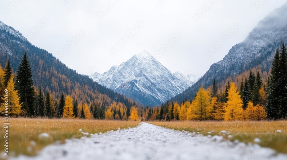 Autumn mountain valley path, snow-capped peak