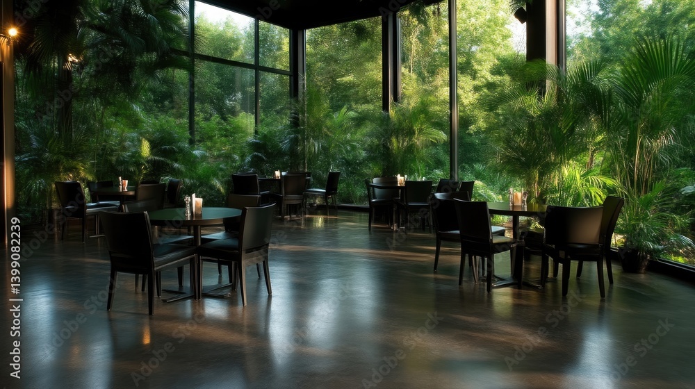 Modern dining space with large windows showcasing a lush garden