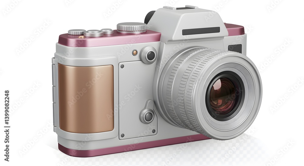 Retro styled digital camera with pink accents isolated against white backdrop Retro styled digital camera with pink accents isolated against white backdrop