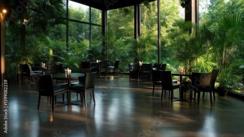 Modern dining space with large windows showcasing a lush garden