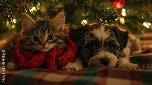 Cozy kitten and puppy snuggled together. AI.