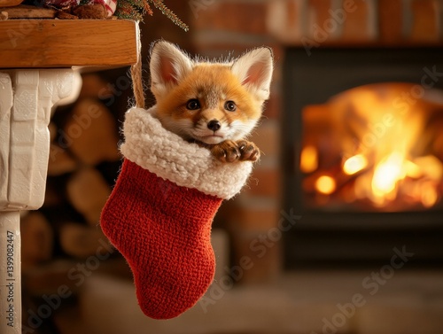 A cute fox kit in a festive stocking by a fireplace. AI.