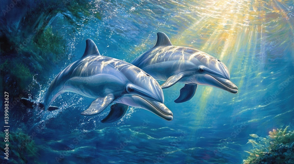 Obraz premium Radiant Dolphins: A Symphony of Sunlight and Ocean