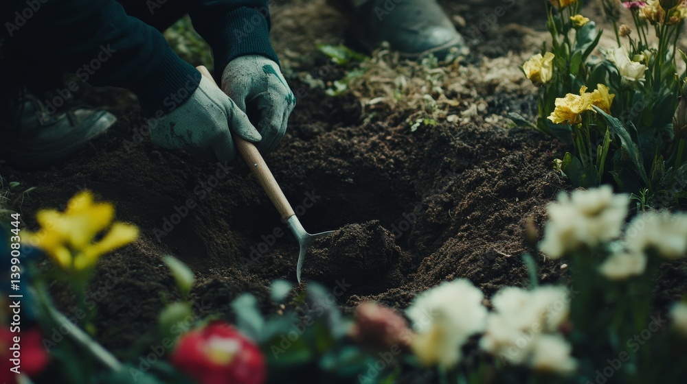 Naklejka premium A landscaper planting flowers in a garden bed. Featuring care and attention to detail