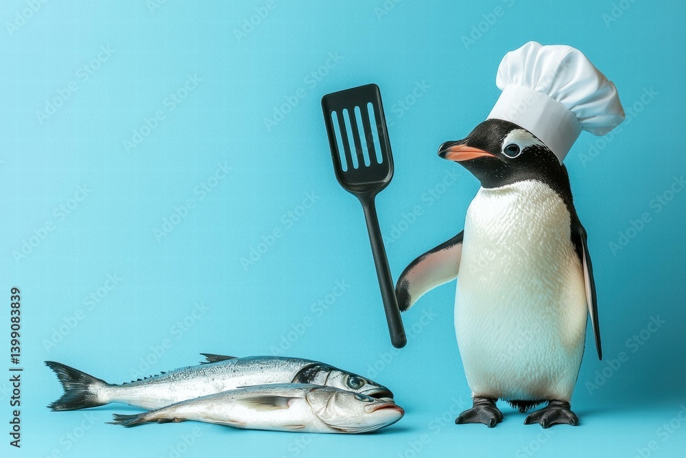 Fototapeta premium Penguin chef preparing fish. AI.