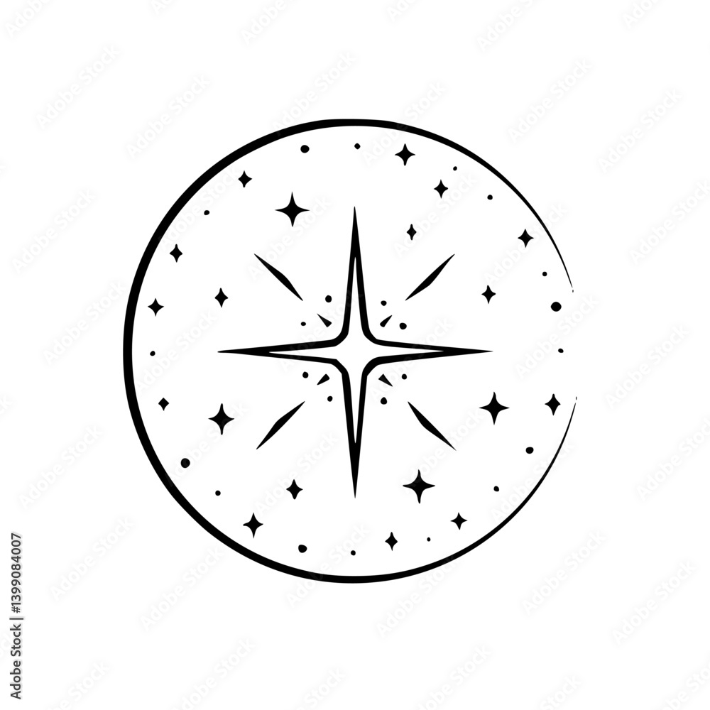 Celestial Compass Rose Emblem: Black and White Line Art Illustration Celestial Compass Rose Emblem: Black and White Line Art Illustration
