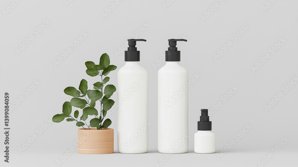 Minimalist cosmetic bottles, plant accents