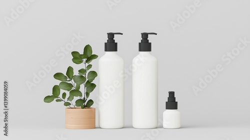 Obraz na płótnie Minimalist cosmetic bottles, plant accents w salonie