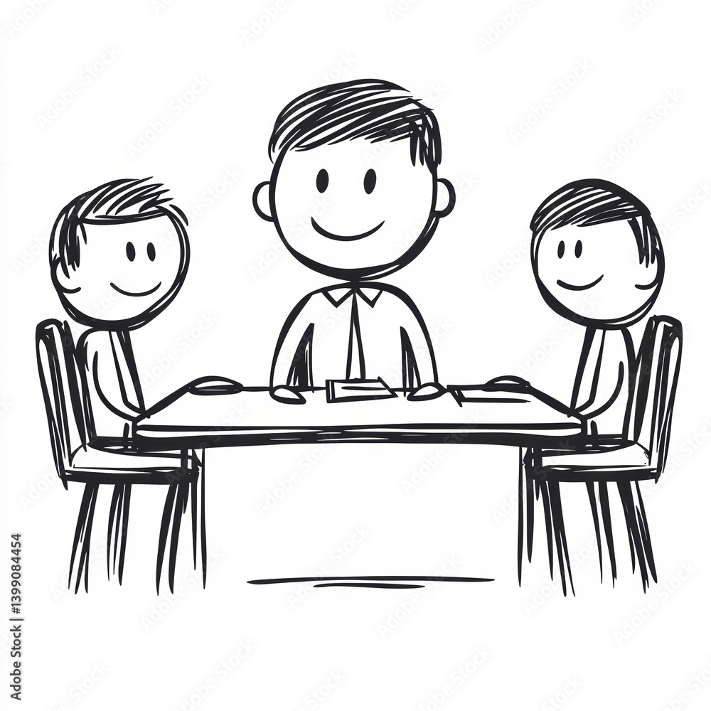 Stick figure meeting illustration showcasing collaboration and teamwork. Ideal for representing discussions, teamwork, or business communication.