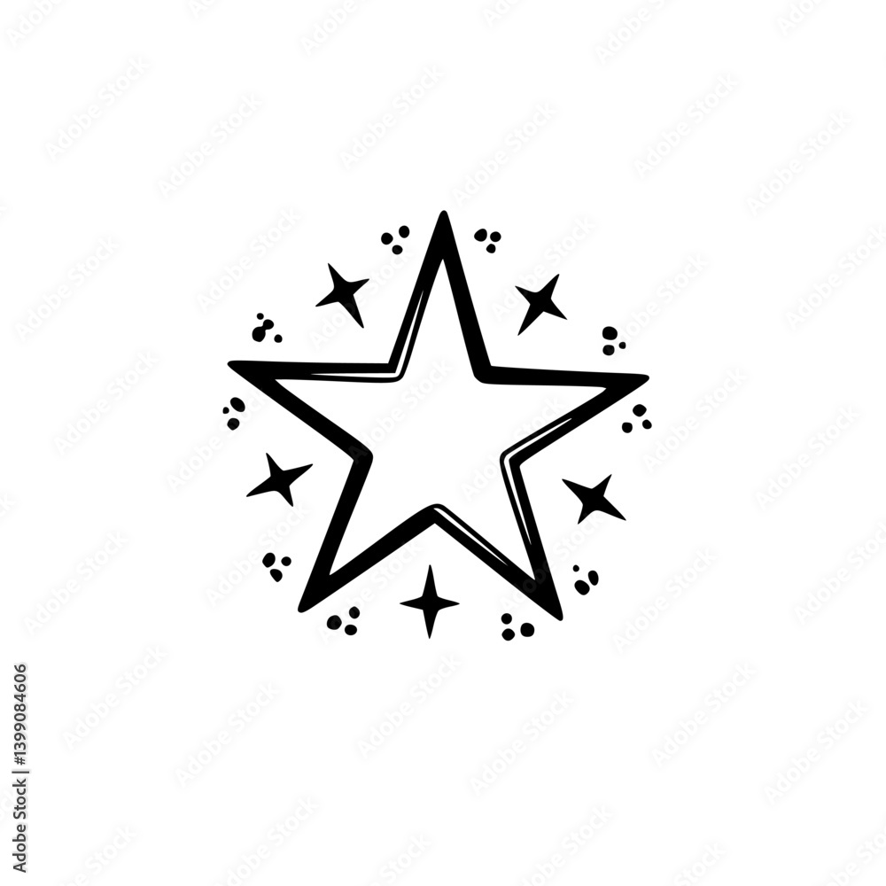 Obraz premium Hand-Drawn Star with Burst of Radiance, Black and White Illustration