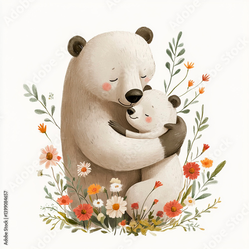 A heartwarming illustration of a mother bear embracing her cub amidst a vibrant bloom of colorful flowers on a white background.